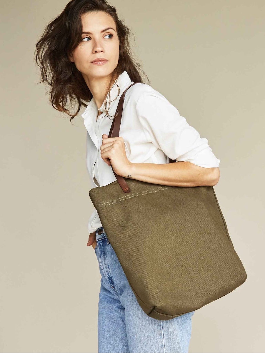 Nisolo Olive Canvas Tote Bag With Brown Leather Straps
